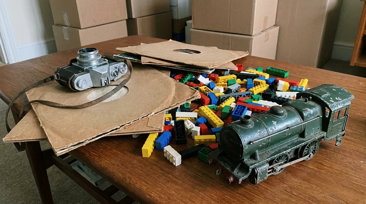 Typische Dachboden-Funde von oben: analoge Kamera, Schallplatten, Klemmbausteine und Modelleisenbahn auf Holzboden