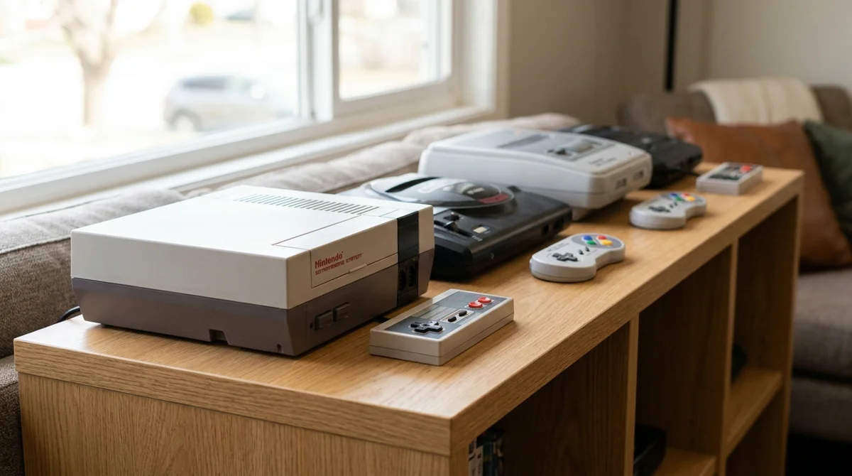 Retro-Konsolen und Controller aufgereiht im Regal — viele Klassiker sind heute gesuchte Sammlerstücke