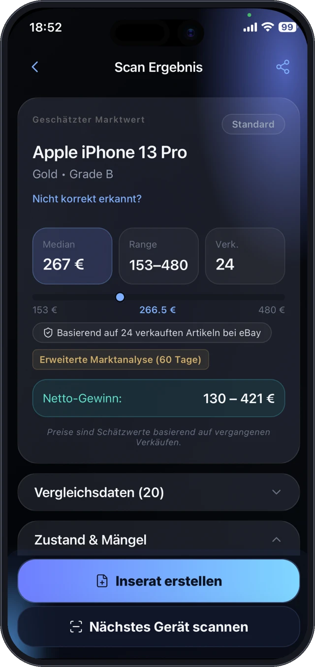 Resell Engine Scan-Ergebnis: Apple iPhone 13 Pro erkannt, Marktpreis 153–480 € aus 24 echten eBay-Verkäufen, Median 267 €